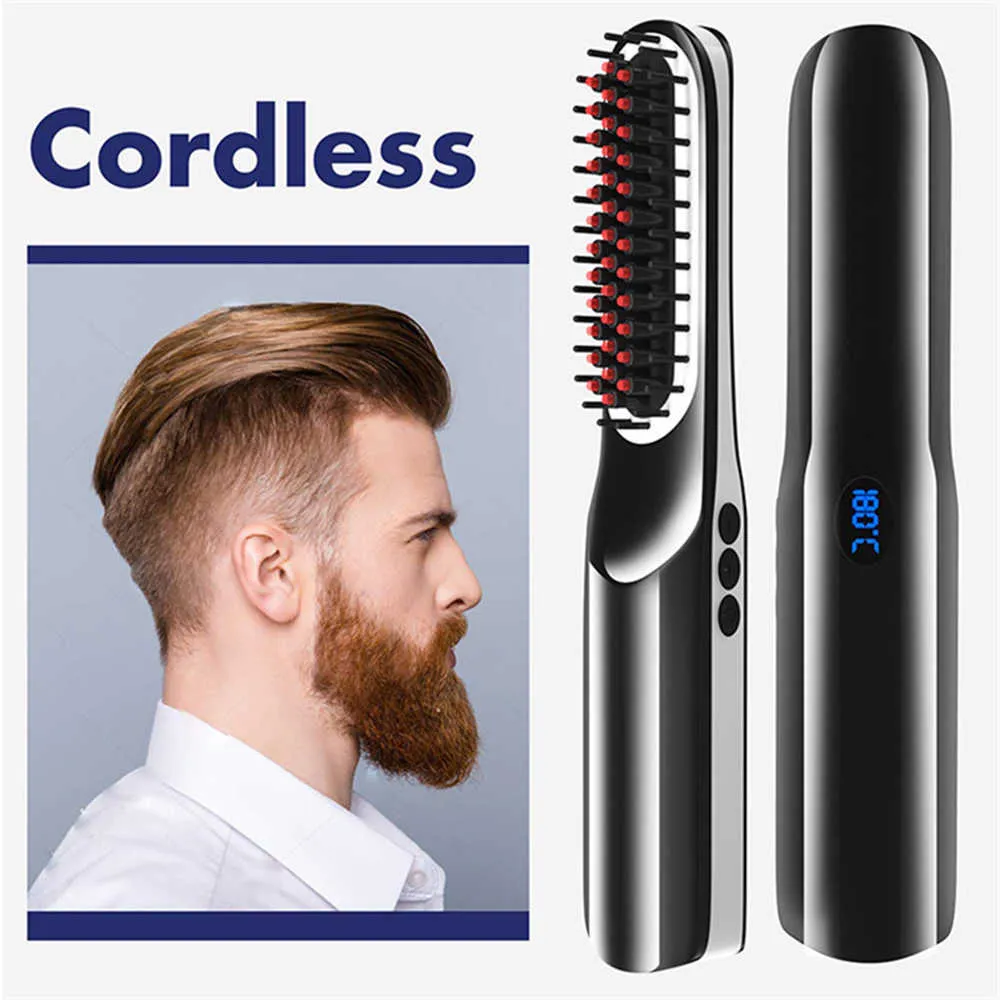 Lisseur de cheveux brosse sans fil peigne chaud barbe pour hommes bigoudi beauté outils de coiffure redressage W221031