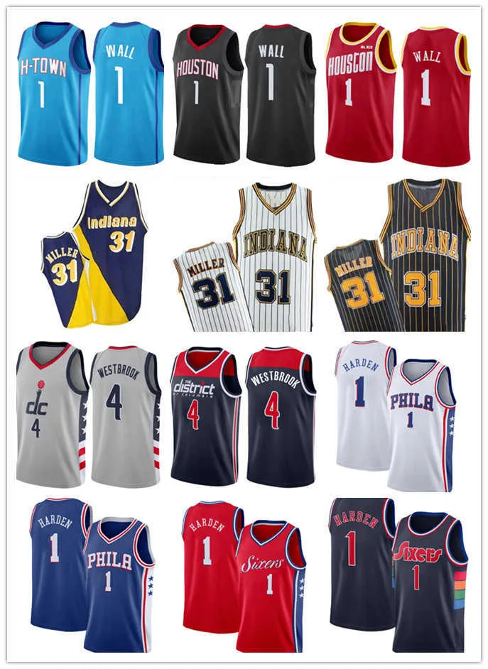 2022 New Reggie 31 Miller Jersey Russell 4 Westbrook Basketball Jerseys Top Black White Red