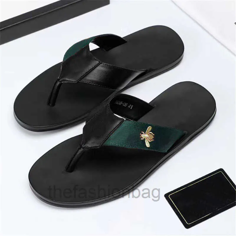 LuxurySlippers Fashion Black Soft Leather Sandals Mules Bees Summers Slide Slippery Flat Chain Wide T-bar Casual Beach Slip