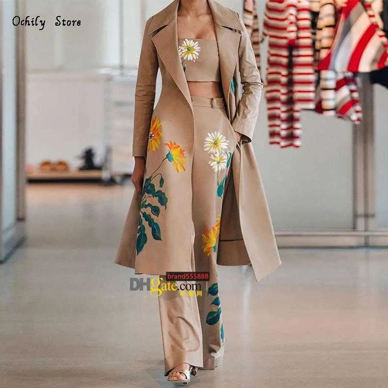 LuxuryWomenの2ピースパンツ女性長いトレンチコートセット秋のファッション気質プリントフラワーウィンドブレイカーワイドレッグスーツ