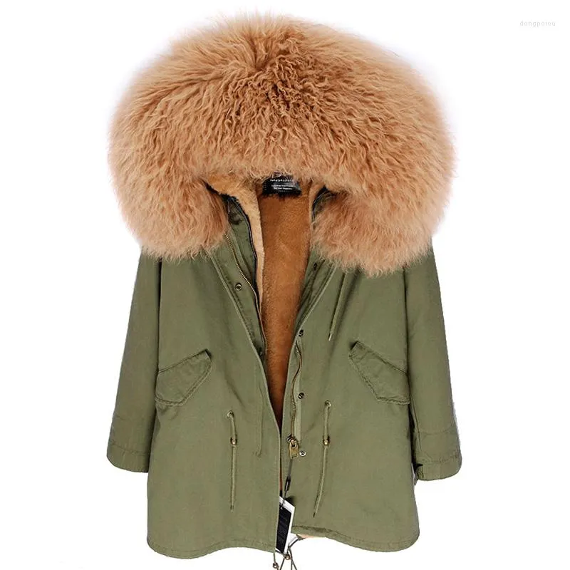 Women's Trench Coats 2022 Women's Winter Parka Long Jacket Real Thick Warm Fur Coat Mongolia Sheep Trim Hood Fashion Slim Brand