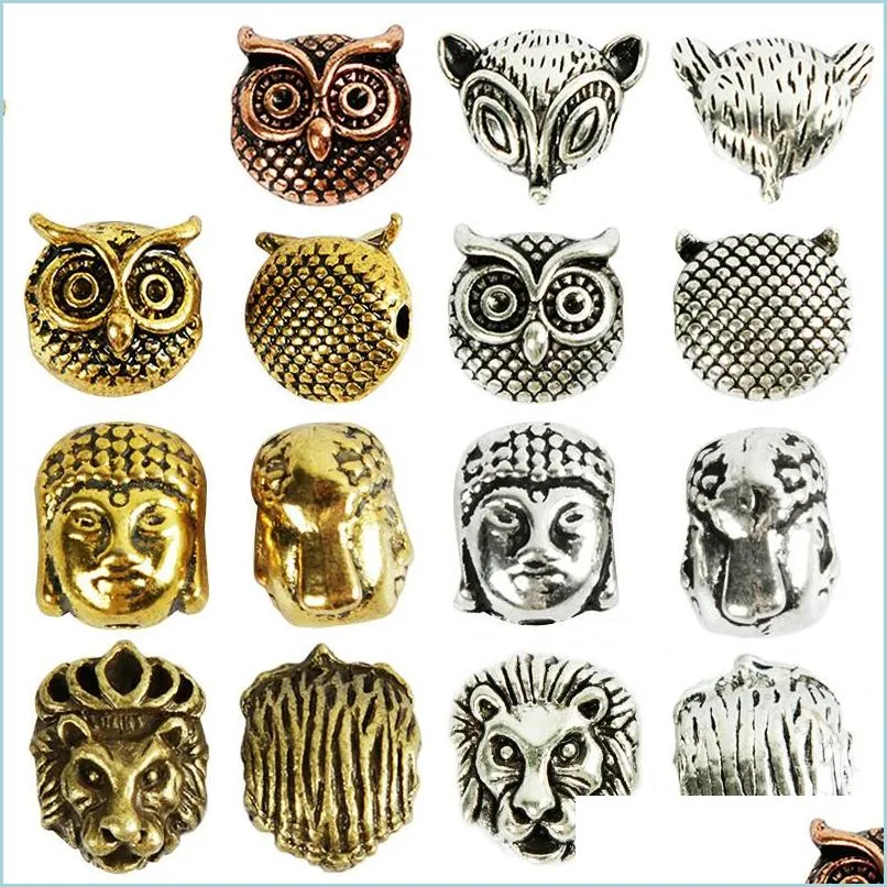 Other 10Pcs/Bag Antique Gold Sier Owl Lion Buddha Head Spacer Beads Diy Bracelets Necklace For Jewelry Making Accessories Drop Deliv Dhh89