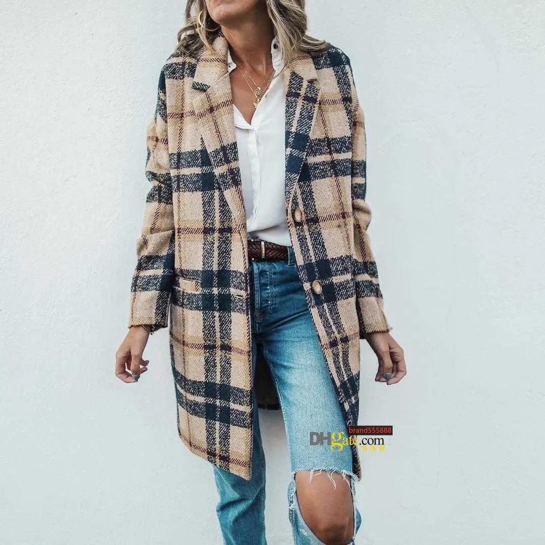 Wool Blends Women Coats Fashion Plaid Slimfit Blazer Jackets S-XXXL Long Winter Coat for Woman