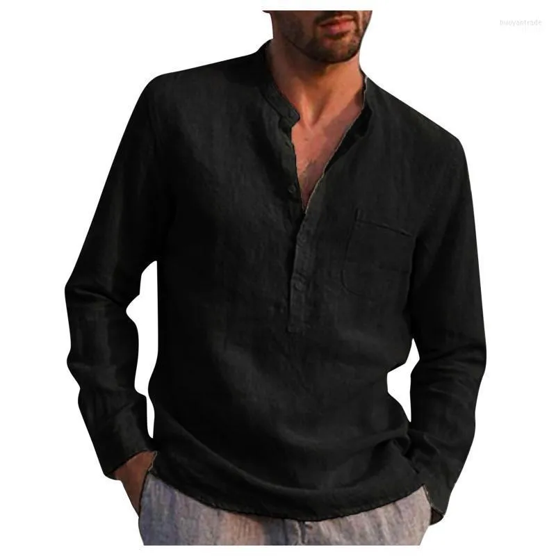 T-shirts pour hommes T-shirts pour hommes hommes été à manches longues décontracté basique couleur unie boutons de poche simple boutonnage col henley chemise masculine