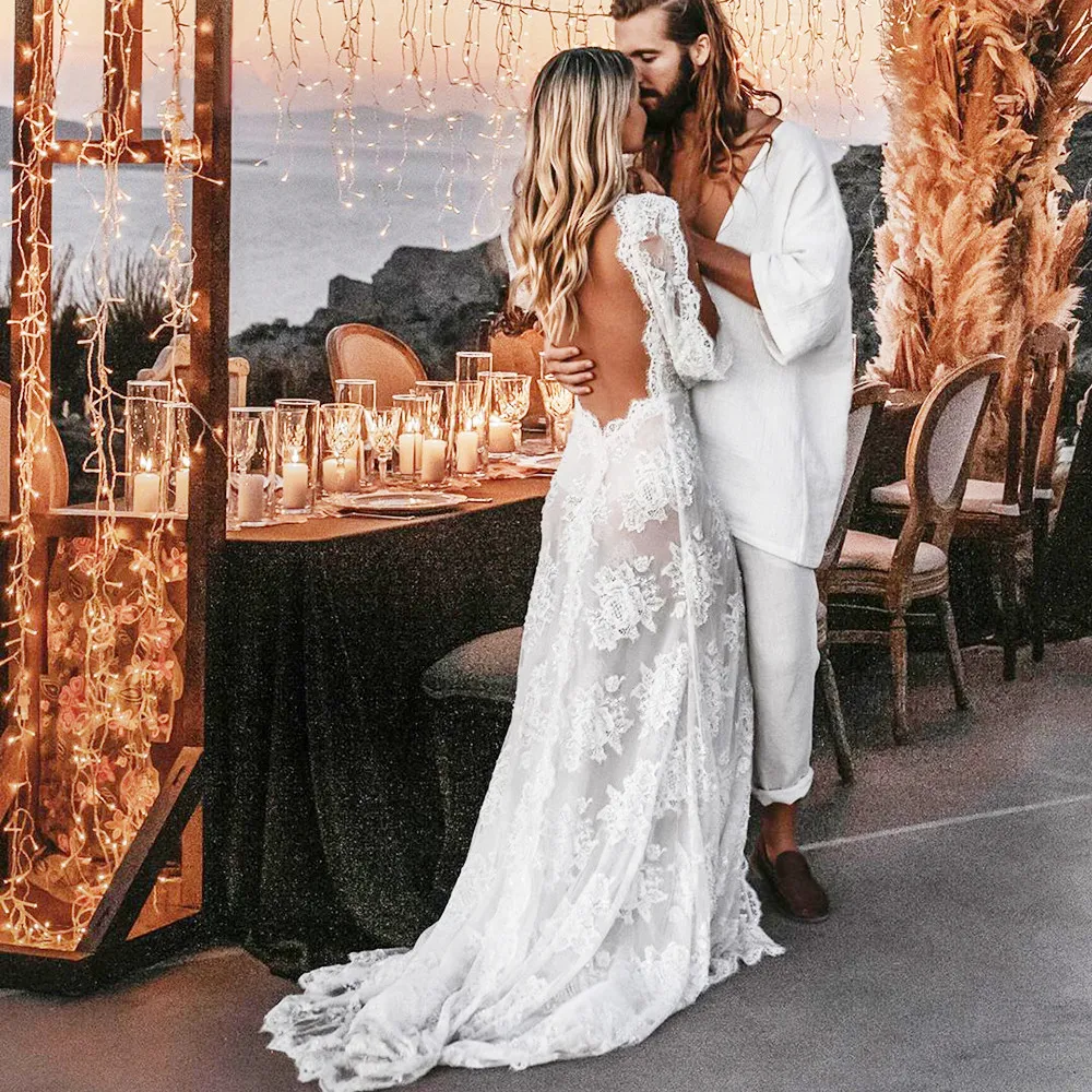 Boho Lace Backless V-Neck Beach Wedding Bohemian Wedding Dress with Opening Sleeves