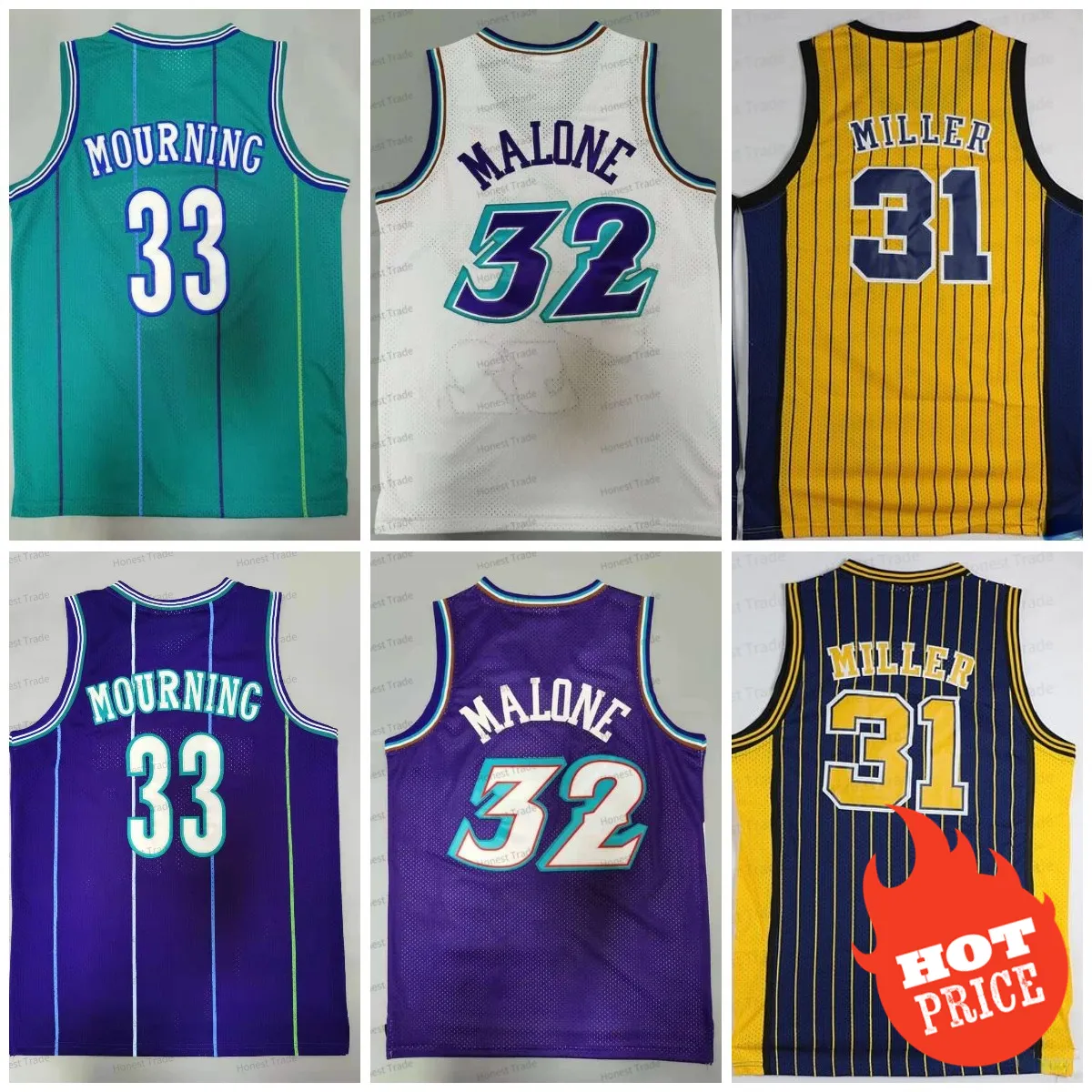 Retro 33 Alonzo Mourning Throwback Baloncesto Jersey 32 Karl Malone Reggie 31 Camisetas de baloncesto cosidas para hombre Verde Púrpura