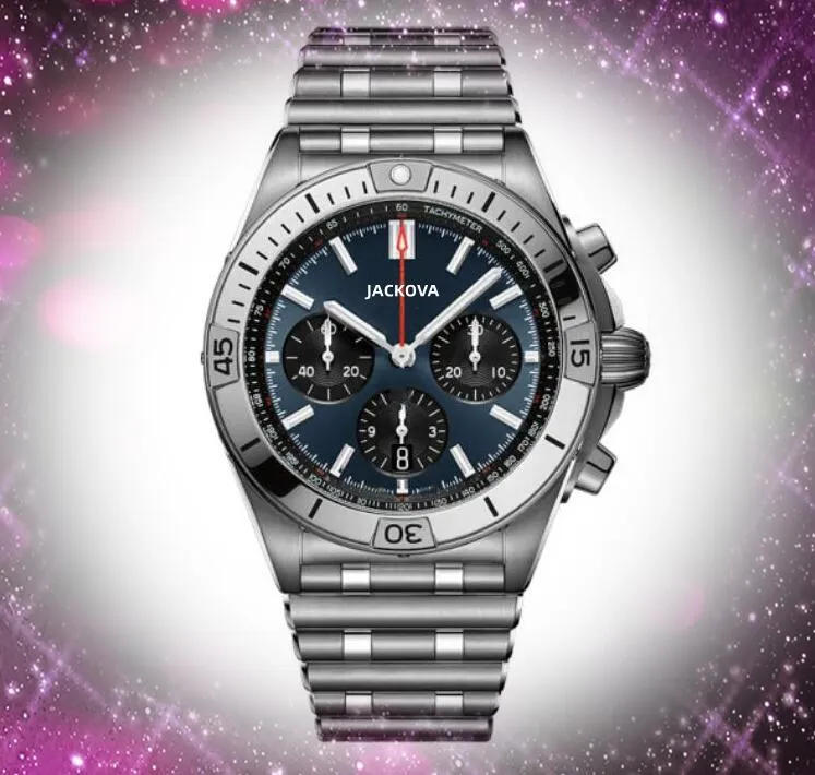 Premium Quartz Fashion Mens Time Clock Watches 42mm Auto Date Big rostfritt stål Full funktionell funktion Sports Wristwatch 241E