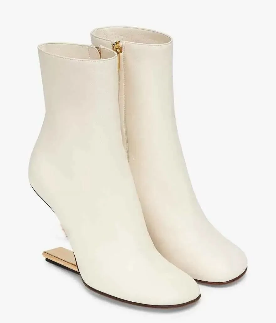 Ankle Boots High Heels Designer Shoes Short Boots White Sculpted Slope Heel Metallic Square Toes Side Zip Calfskin Booties Factory Footwear Women