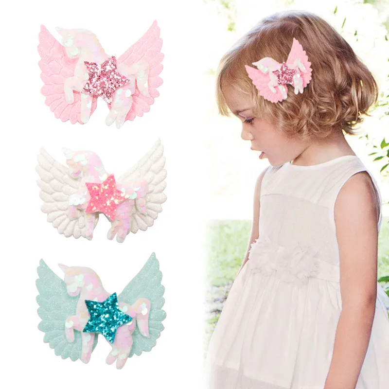 12pcs New Baby Hairpin Korea Angel Wings Stars Hairpins Children Sequins Unicorn Horse Girls Headwear Handmade Princess Hair clips Wholesale