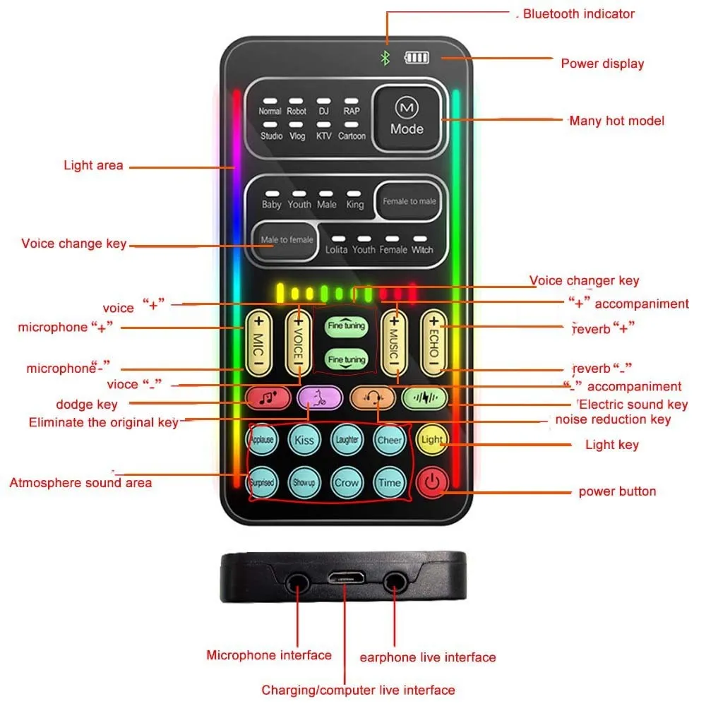 Zmieniacze głosu Mini przenośny zmieniacz efektów audio Kompatybilny z Bluetooth Dźwięk na żywo Telefon PC Tablet Głośnik Urządzenie 8 zmian karaoke 221101