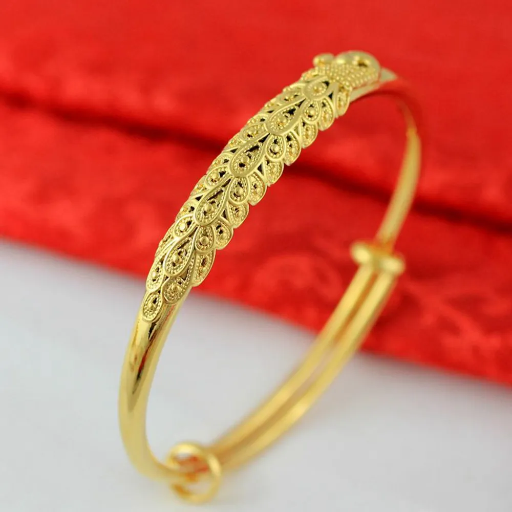 Women Bangle Adjust Ethnic Style Bracelet Female Peacock Dragon Phoenix Love Marriage 18k Yellow Gold Filled Classic Jewelry Gift