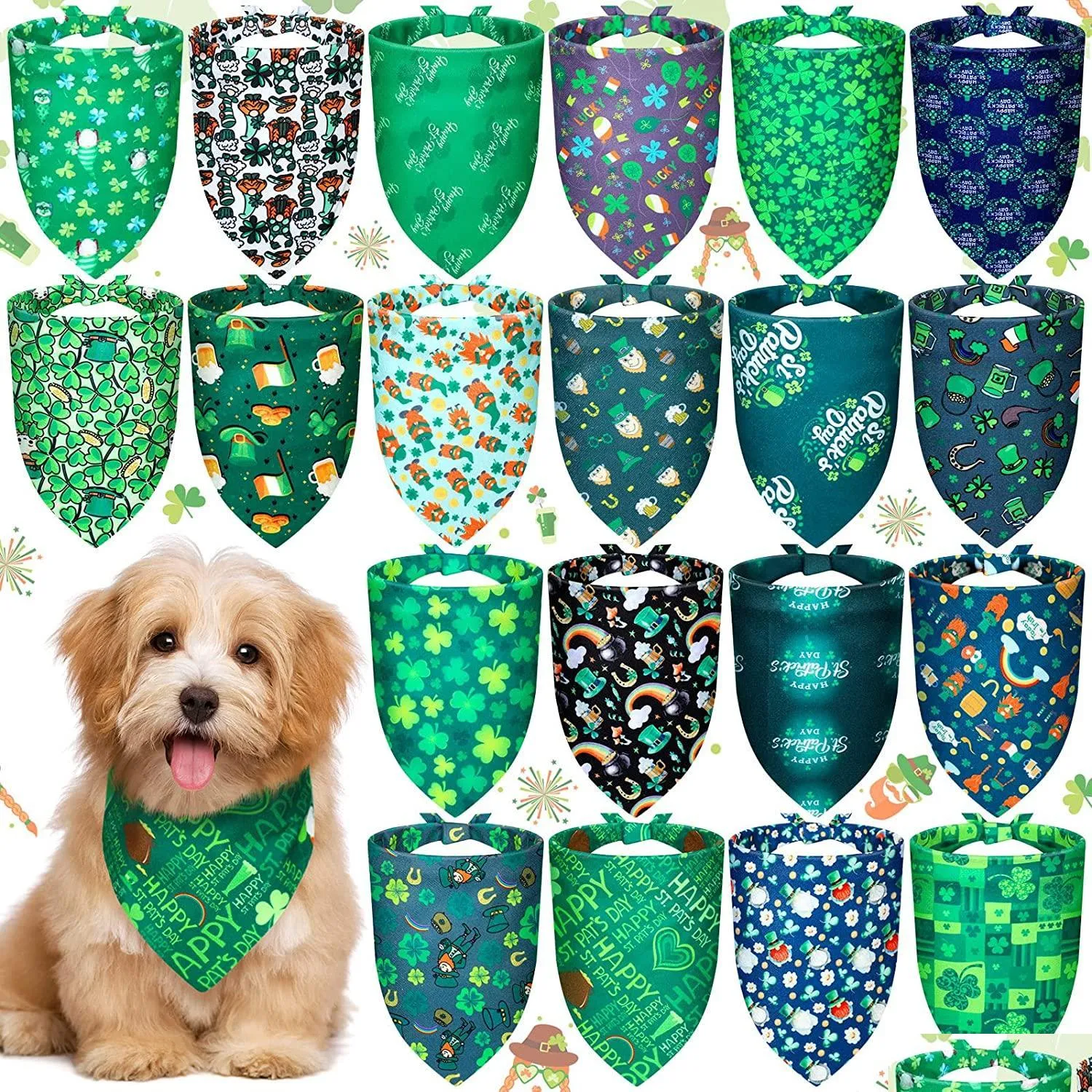 Inne zapasy dla psów St Patricks Day Bandanas Irish Clover Shamrock Triangle Triangle Regulowany dla małych średnich psów Koty Pets BIB DHG6F