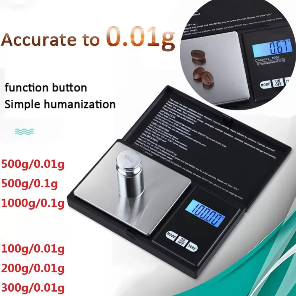 Köksskalor 100g/200/300/500g x 0,01 g 1000g -0.1 Digital fickelektronisk exakt smyckeskala hög precisionsskalor