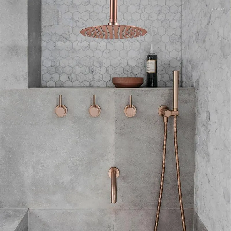 Conjuntos de chuveiros de banheiro Conjunto de ouro rosa escovado simplicidade sólida Brass 8 "Misturador de torneira de cabeça de torneira de torneira cromo preto ah3023