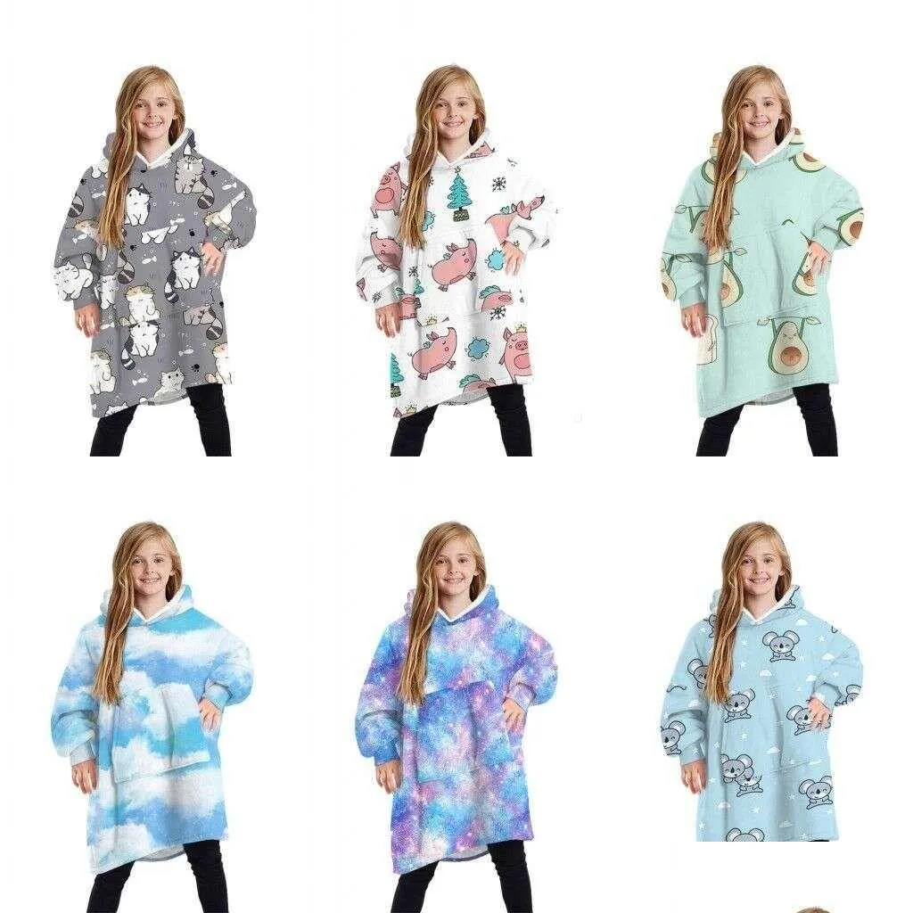 Blankets Winter Blanket Sweatshirts Super Soft Warm Hoodies For Kids Teens Youths Oversized Sherpa Hooded Wearable Blankets With Sle Dhhqp