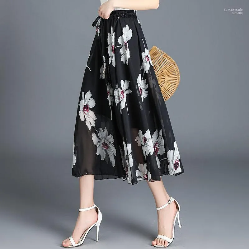 Skirts 2022 Summer Women Chiffon Beach Boho Maxi Skirt Female Fashion High Waist Floral Print Vintage Holiday A-line Long Y379