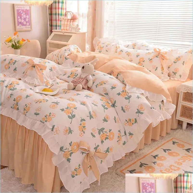 Bedding Sets Bedding Sets Spring And Autumn Brushed Bed Skirt Fourpiece Set Pastoral Style Sheet Quilt Er Dormitory Student Thre 220 Dhunz
