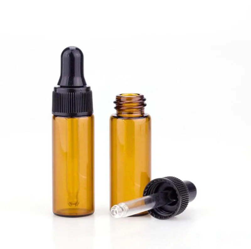 Amber Droper Şişe 5ml Mini Cam Esansiyel Yağ Ekran Siyah Kapaklı Küçük Serum Parfüm Konteyneri