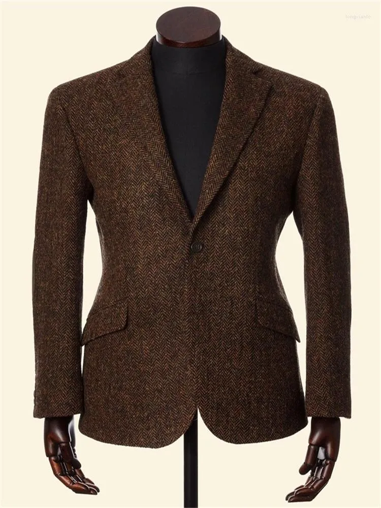 Costumes pour hommes hiver Vintage marron Tweed homme costume chevrons hommes veste maigre Blazer mâle vêtements classique manteau sur mesure Costume Hombre