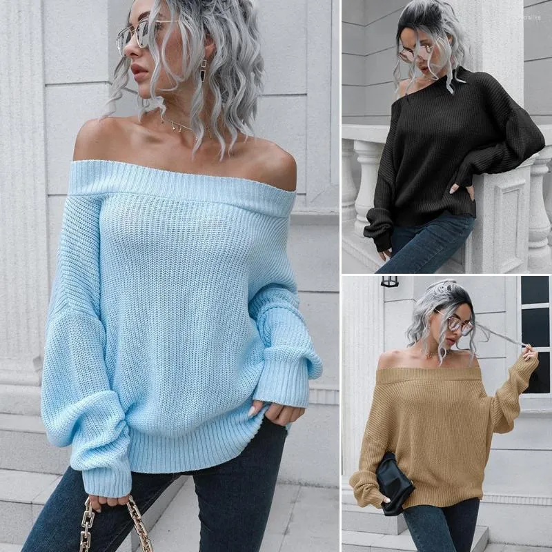 Women's Sweaters One Character Neck Off-the-shoulder Sweater Women Loose Autumn Winter Long Sleeve Solid Color Knit