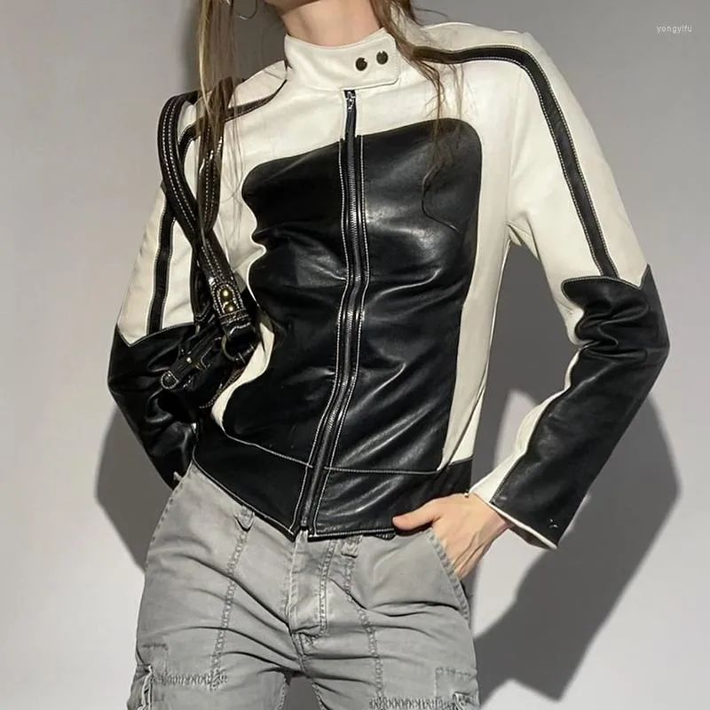 Vestes pour femmes Biker de style punk moto grunge manteaux de fret coréen harajuku patchwork cuir y2k rétro automne zip