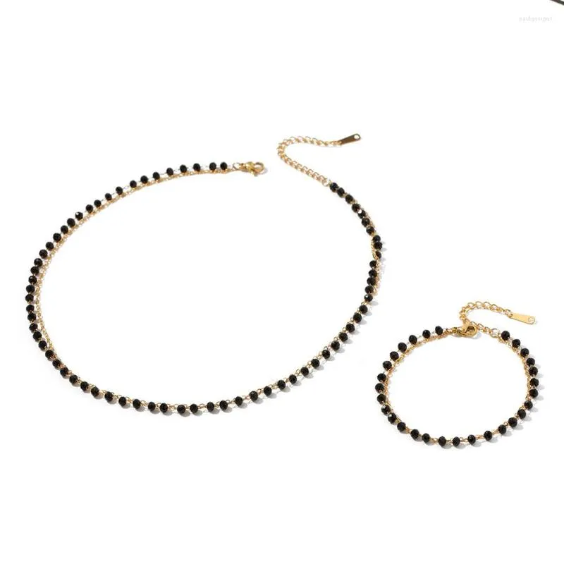 Youthway – ensemble collier et boucles d'oreilles Chic, Double couche, perles de verre noires, Bracelet de deux, étanche, en acier inoxydable, bijoux exquis
