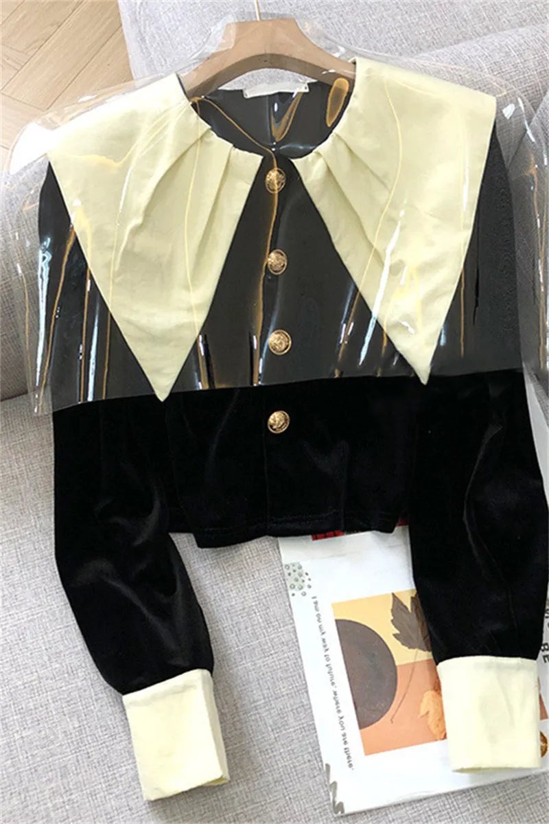 Blusa feminina color block estilo francês gola virada para baixo em tecido de veludo camisa de seio simples tops curtos MLXLXXL
