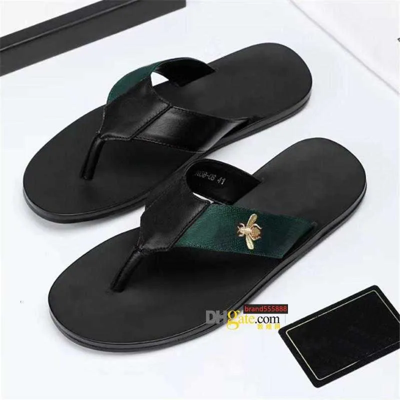 2021 Fashion Black Soft Leather Sandals Mules Bees Summers Slide Slippery Flat Chain Sandals Wide T-bar Casual Beach Slip Sandals With Box