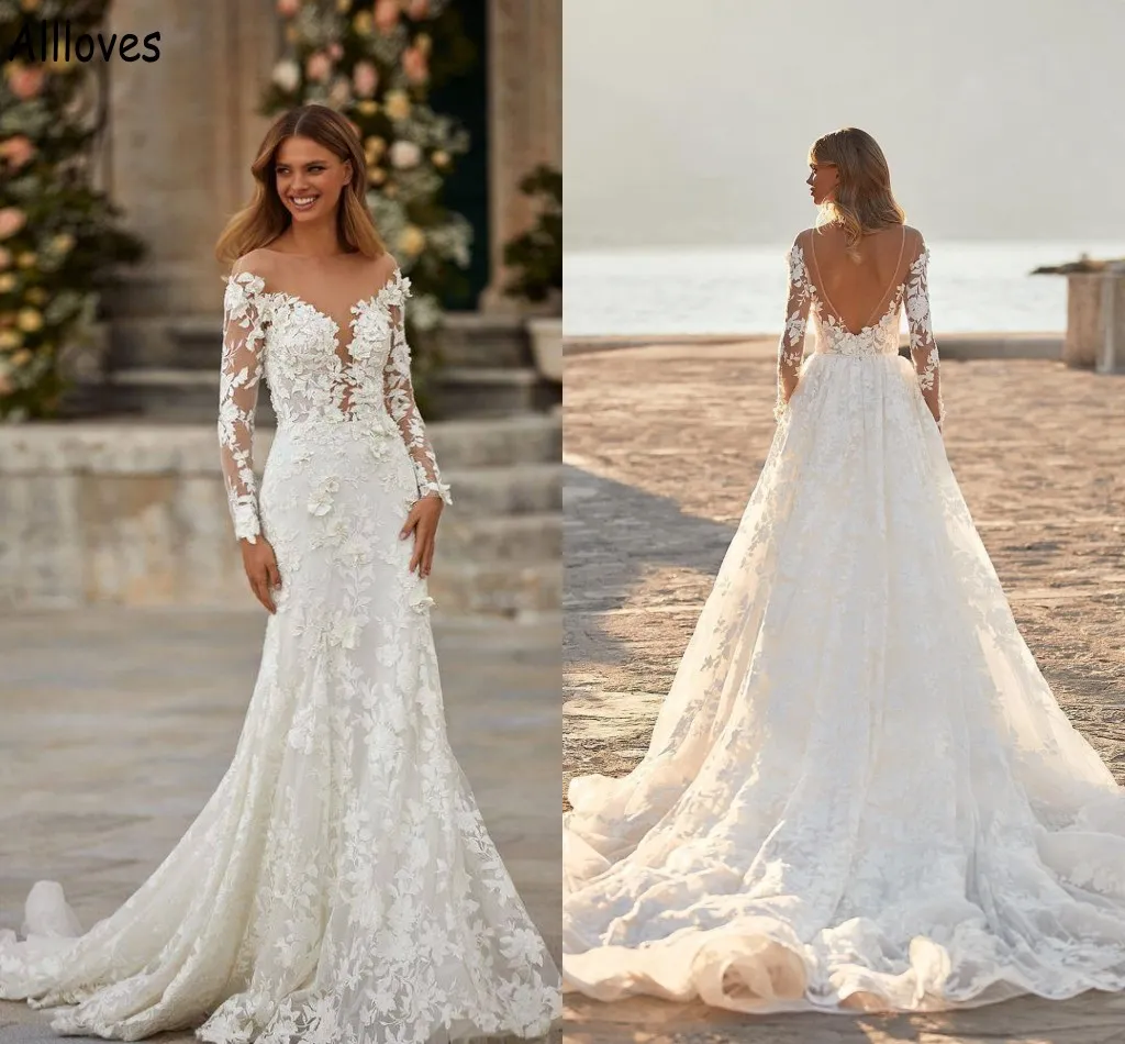 Abiti da sposa a sirena con applicazioni in pizzo floreale con strascico staccabile maniche lunghe Modesto Boho Abiti da sposa da giardino Beach Sexy schiena aperta Spose Robes de Mariee CL1334