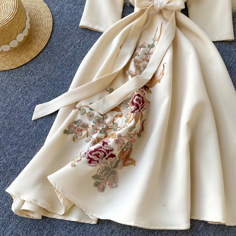 Ladies Floral Embroidered V-Neck Dress with Empire Waist and Ankle-Length  A-Line Silhouette from Dhgate Basic & Casual Dresses - price 45.83