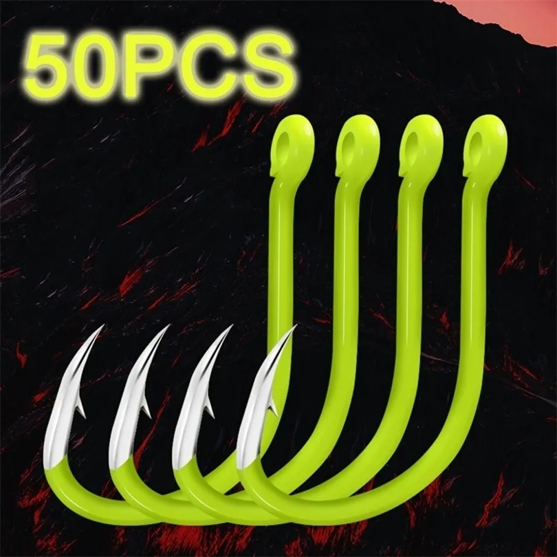 Hameçons de pêche 50pcs Hameçons de pêche fluorescents Barbed Single Circle Carp Hook Carbon Steel Sea Fishhook Fly Fishing Tackle Accessoires 221101