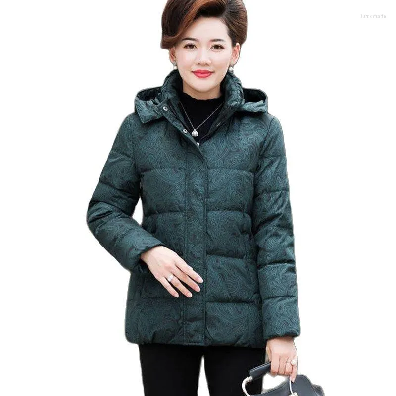 Women's Trench Coats Winte Middle Aged Mother Down Cotton Coat Printing Zipper Women's Loose Can Disassemble Cap Jacket 6XL