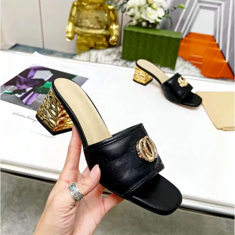 New women's midheel slipper Summer new designer leather office sandal buckle Sexy style shoes size 35-44 with box