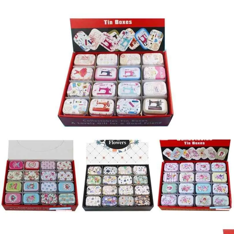 Aufbewahrungsboxen M￼lleimer 12 -pieces/Los tragbares Mini -Metall -Blech -Box Mtiple Muster Druck Make -up -Schmucktillaufbewahrung mit Deckel Geschenkpack Dhoro