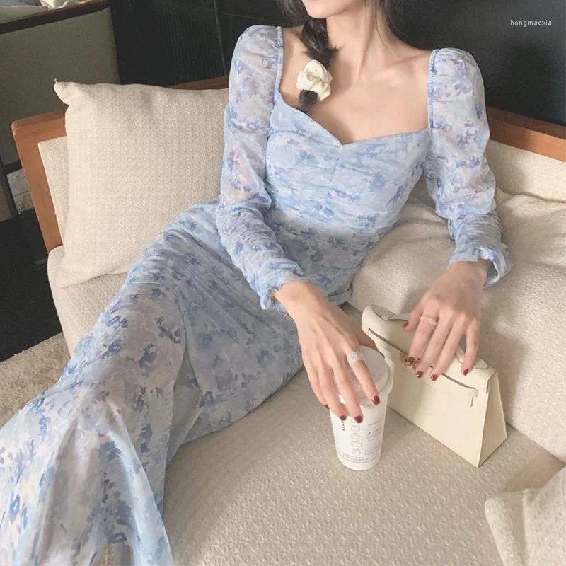 Casual Dresses Summer Chiffon Elegant Dress Women Vintage French Print Floral Long Female V-hals Holiday Party kläder 2022