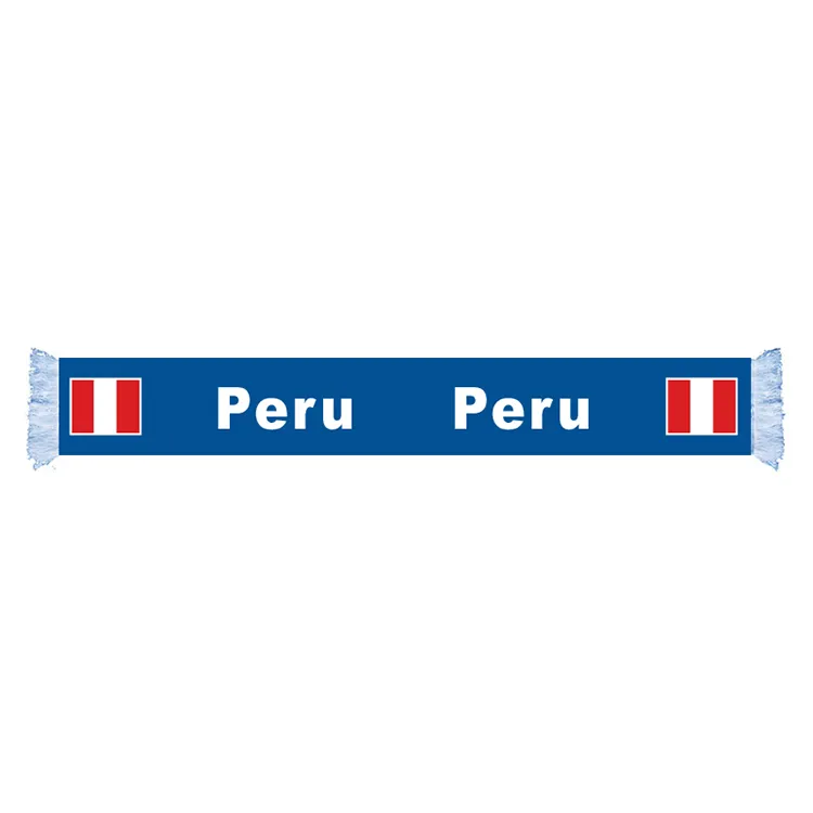 Écharpe de drapeau du Pérou Qualité d'approvisionnement d'usine Polyester Pays du monde Écharpe en satin Nation Jeux de football Fans Écharpes avec pompon de couleur blanche