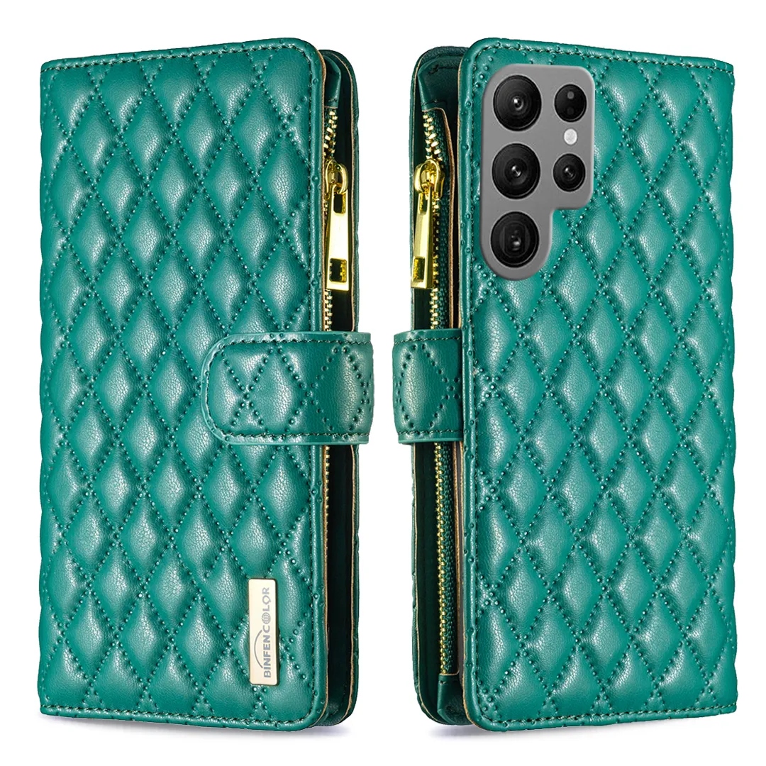 Étuis de téléphone portefeuille pour Samsung Galaxy S23 S22 S21 S20 Ultra Plus Design de style rhombique Cuir d'agneau Sensation Flip Kickstand Cover Case avec Zipper Porte-monnaie