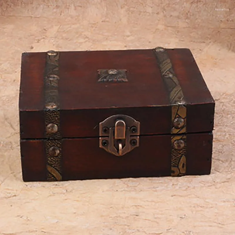 Jewelry Pouches Vintage Wooden Treasure Chest Storage Box Lock Organizer Case Foldable Mini Small Wood Home Decor Container Trinket Bin
