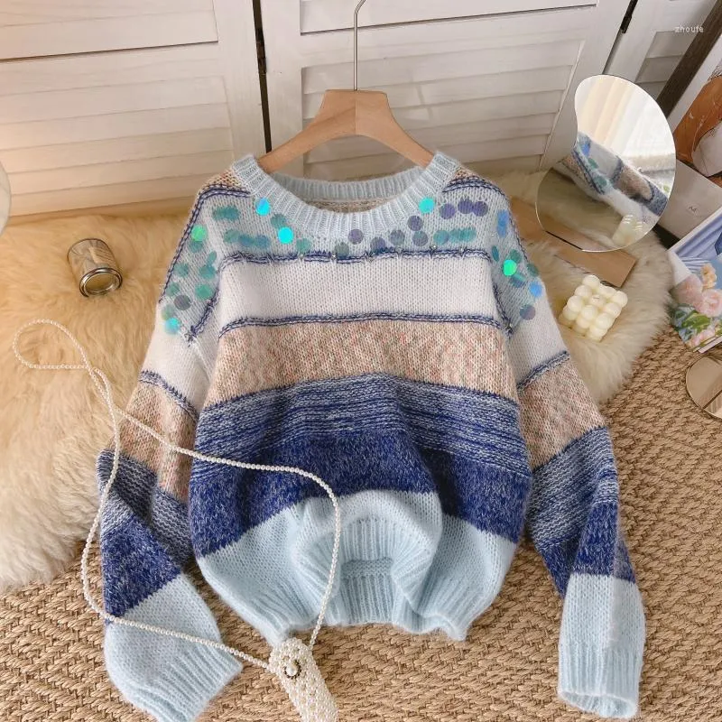 Women's Sweaters Gentle Wind Contrast Color Round Neck Soft Glutinous Sweater Autumn And Winter Women's Lazy Style Long-sleeved Knitted