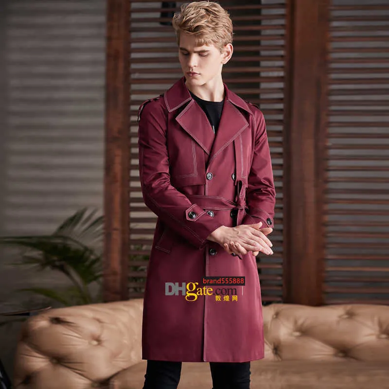 Luxurwine Red Men Trench Coat Hesperian Style Long Windbreaker Spring Autumn Color Contrast Fashion Handsome Claret Overcoat