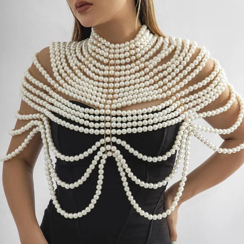 Cha￮nes Luxury Imitation Pearl Wraps Collier Femmes Sexy Body Bijoux Accessoires Instruction Hand Tassel Cap-Cape Chain