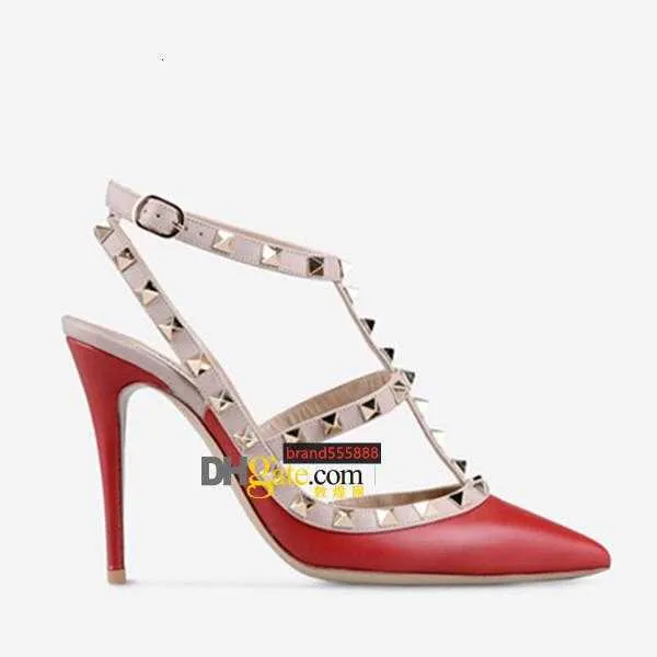 Designer Pointed Toe 2-Strap with Studs dress shoes matte Leather rivets Sandals Women Studded Strappy High heels valentine pumps