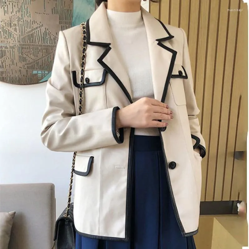 Women's Leather Coat Women's Sheepskin Autumn Short Pocket Slim Fit Black And White Contrast Color Stitching Genuine Suit Jacket