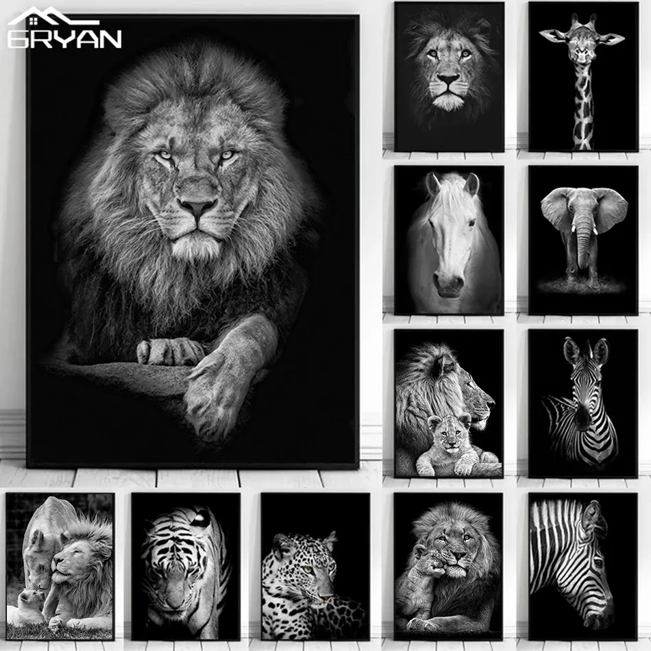 Animal Canvas Painting Wall Art Lion Elephant Horse Posters en prints Wandfoto's voor woonkamer decoratie Home Decor Frameless