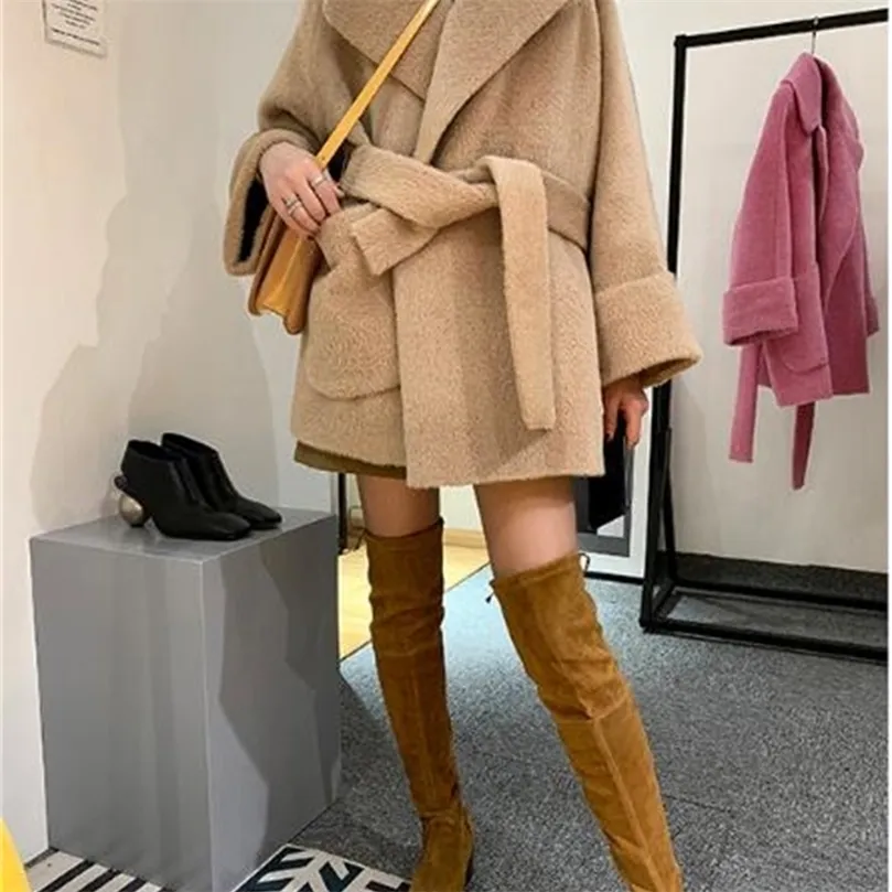 ハイエンドのQuaity Alpaca Luxury Coat Cashmere Woolジャケットベルト不規則なデザイナーシックピンク/キャメル厚い暖かいオーバーコート201104