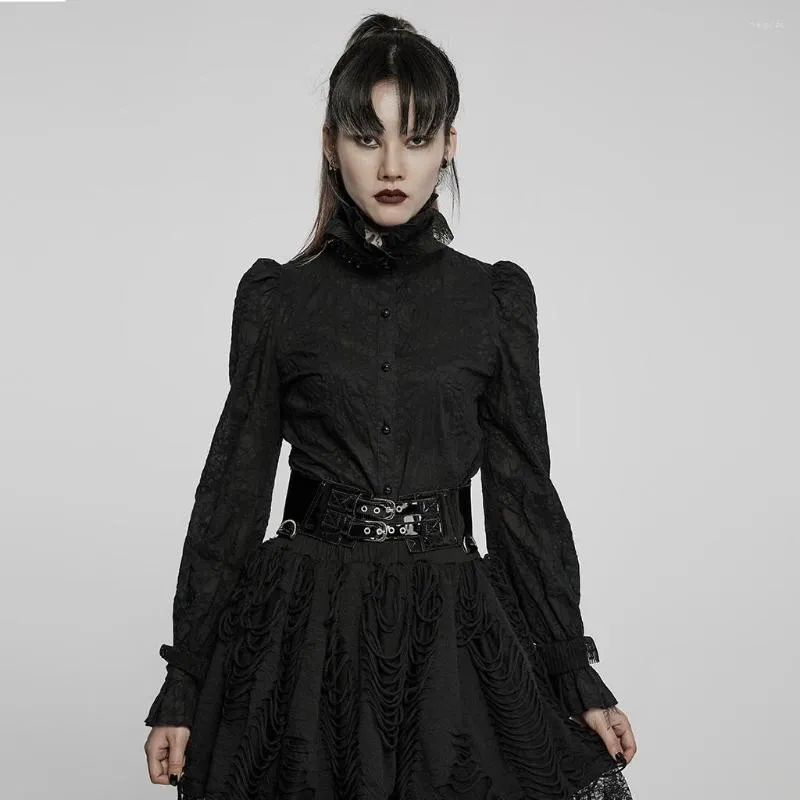 Camisetas de mujer PUNKRAVE, camiseta de mujer, blusa con textura gótica, hermosa blusa de encaje 3D con cuello levantado, manga larga de algodón