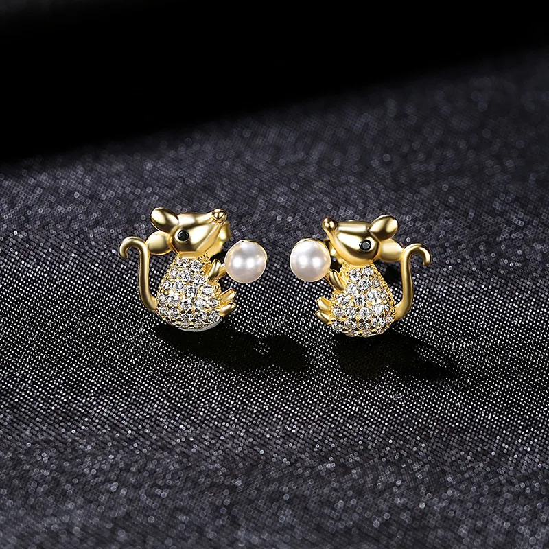 Micro set zircon cute mouse s925 silver stud earrings women jewelry Korean personality luxury animal earrings accessories gift