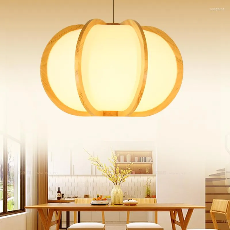 Lampes suspendues Lanterne en bois massif en forme de citrouille de style japonais avec abat-jour en PVC E27 Max 40W LED Cordon Suspension pour Bar Restaurant