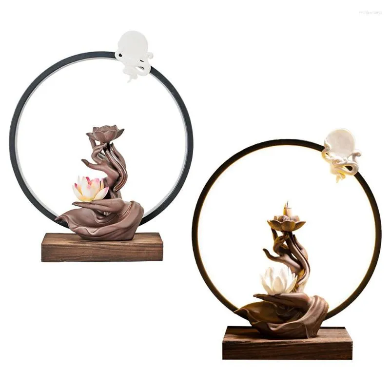 Fragrance Lamps Backflow Incense Burner Waterfall Lotus Holder LED Light Ceramic USB Lighting Home Furnishings Yoga Room Decors