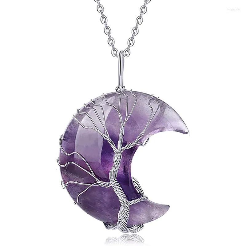 Подвесные ожерелья Bivei Tree of Life Crescent Moon Collece Covere Wire Wrap Natural Gemstones кристаллы и заживления камней
